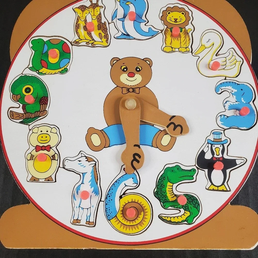 Vintage Wooden Teddy Bear Puzzle Removable Animal Shaped Numbers, Movable Hands